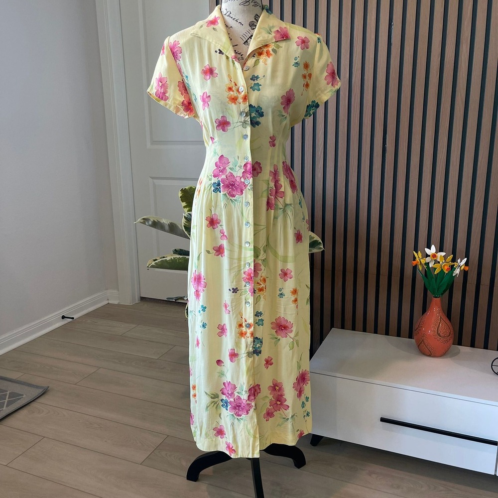 Yellow Floral Maxi Dress with Buttons